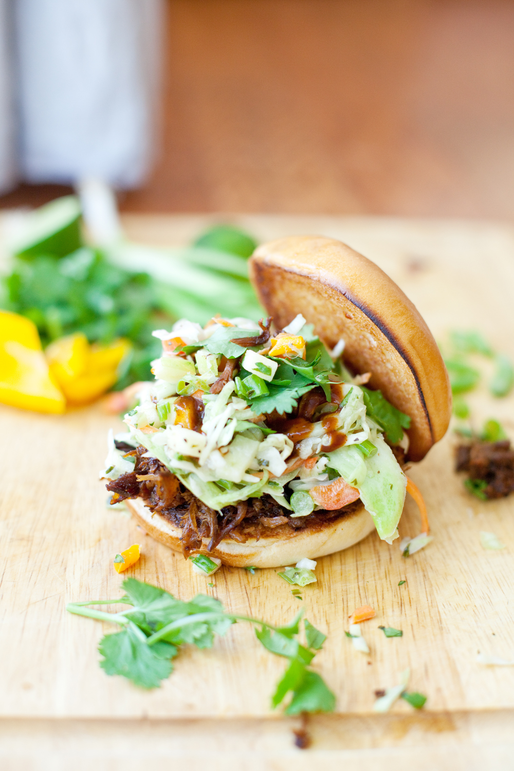 Easy Macro-Friendly pulled pork sandwich with cilantro lime apple slaw