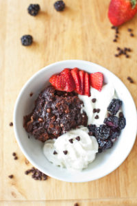 Macro-friendly Double Chocolate Flapjacked Protein muffin yogurt bowl
