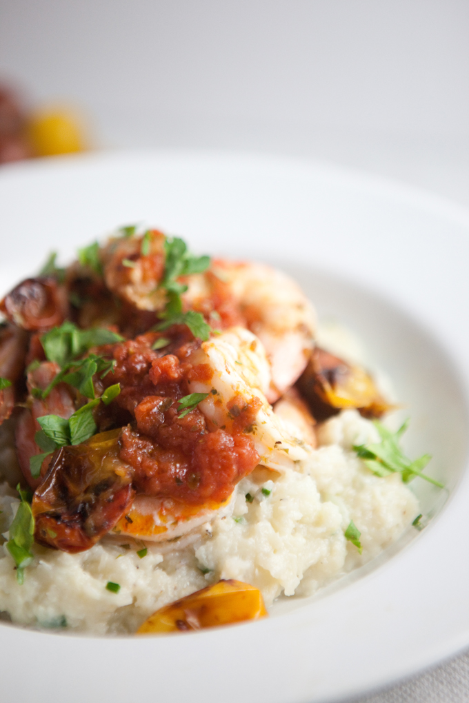 Garlic Lemon Shrimp with Burst Tomatoes and Mashed Cauliflower