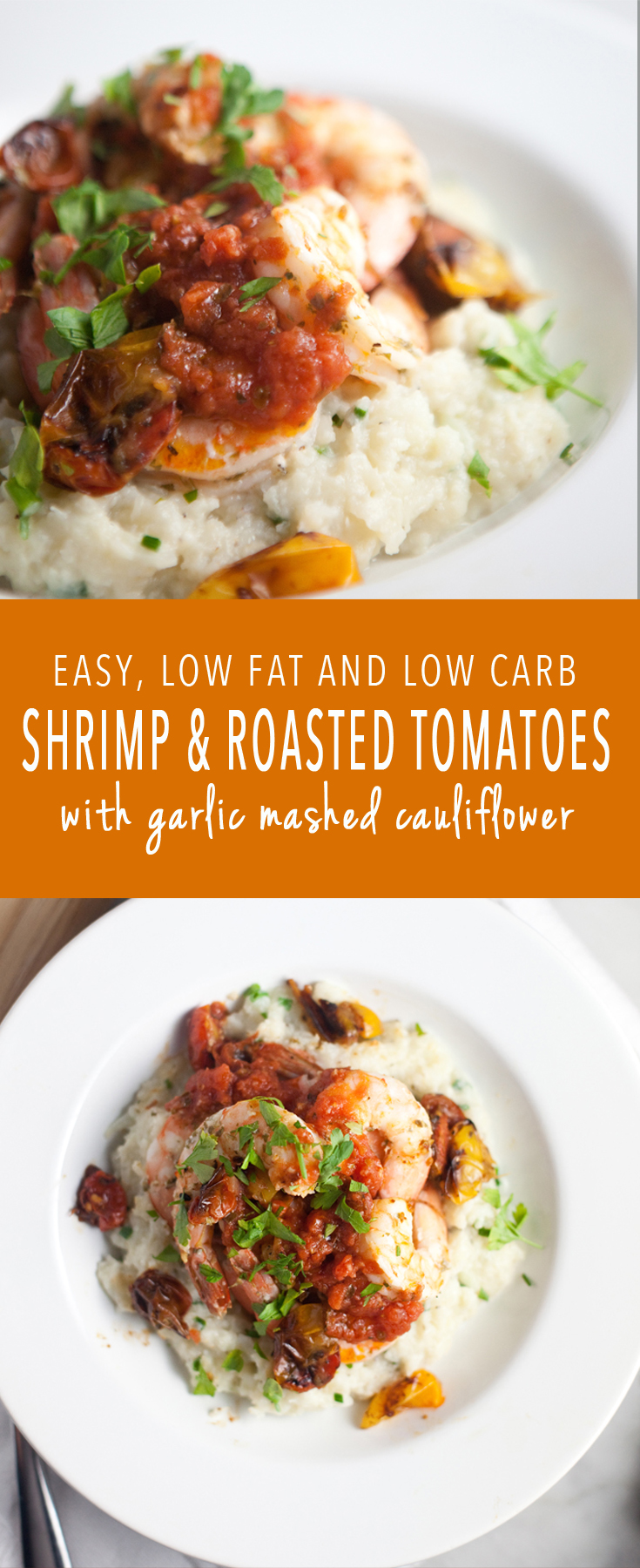 macro friendly shrimp and garlic mashed with roasted tomatoes