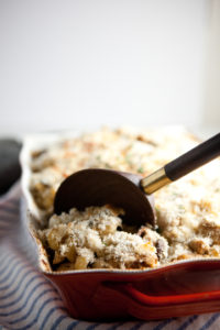 Skinny Macro Friendly Pasta Bake with chicken, mushrooms, spinach and cauliflower cream sauce