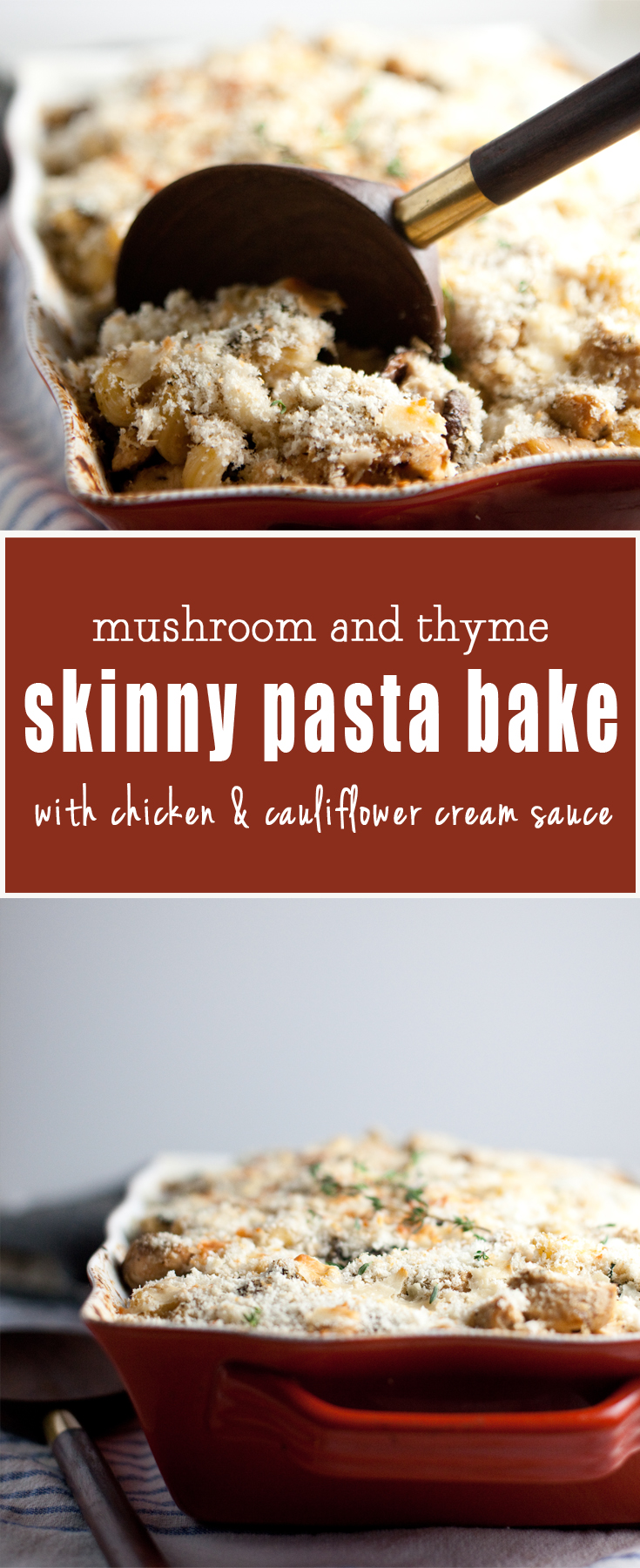 Skinny Macro Friendly Pasta Bake with chicken, mushrooms, spinach and cauliflower cream sauce
