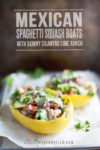Stuffed spaghetti squash boats with text overlayl