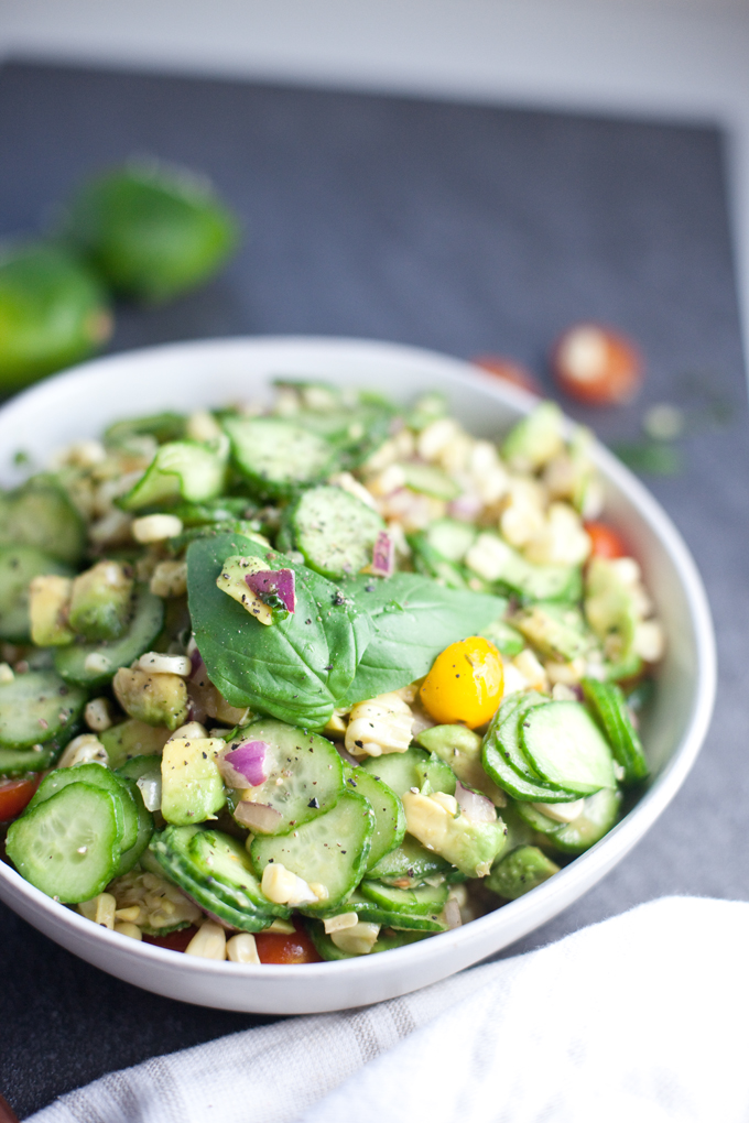 Perfect for a barbecue! One of my favorite non-leafy side salads. Cucumber Corn Summer Salad #macrofriendly #healthy #cookinglight www.lillieeatsandtellscom.bigscoots-staging.com