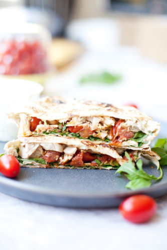 Blistered Tomato Basil Rotisserie Chicken Crunch Wrap www.lillieeatsandtellscom.bigscoots-staging.com #macrofriendly #macrofriendlyrecipes #cookinglight #healthyrecipes