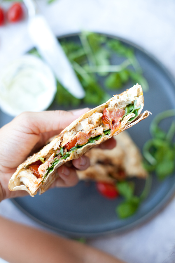 Blistered Tomato Basil Rotisserie Chicken Crunch Wrap www.lillieeatsandtellscom.bigscoots-staging.com #macrofriendly #macrofriendlyrecipes #cookinglight #healthyrecipes