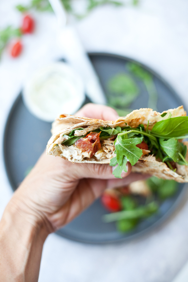 Blistered Tomato Basil Rotisserie Chicken Crunch Wrap www.lillieeatsandtellscom.bigscoots-staging.com #macrofriendly #macrofriendlyrecipes #cookinglight #healthyrecipes