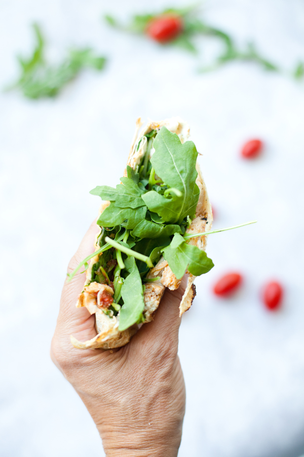 Blistered Tomato Basil Rotisserie Chicken Crunch Wrap www.lillieeatsandtellscom.bigscoots-staging.com #macrofriendly #macrofriendlyrecipes #cookinglight #healthyrecipes