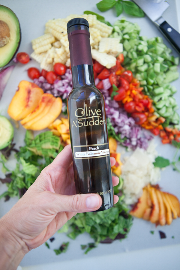 My Favorite Veggie and Peach Chopped Salad www.lillieeatsandtellscom.bigscoots-staging.com #macrofriendly #macrofriendlyrecipes #healthyrecipes #choppedsalads #weightwatchersrecipes