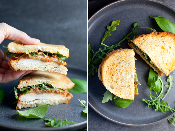 Two shots of chicken parmesan sandwich on plate