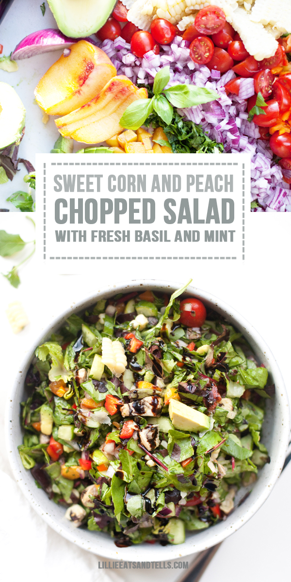 Bowl of colorful chopped veggies with title of salad