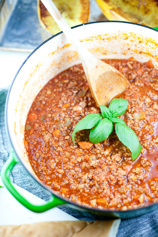 Pot of homemade healthy turkey bolognese