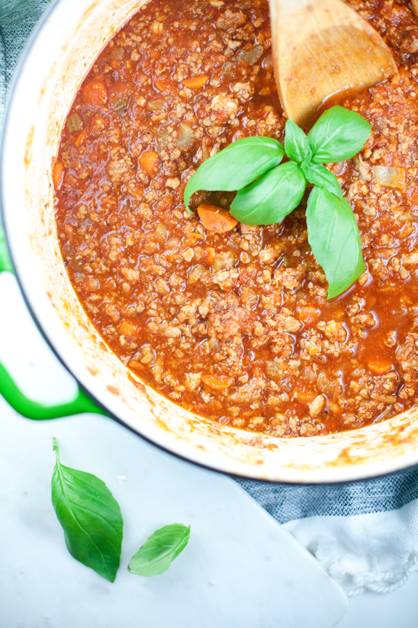 Pot of homemade healthy turkey bolognese