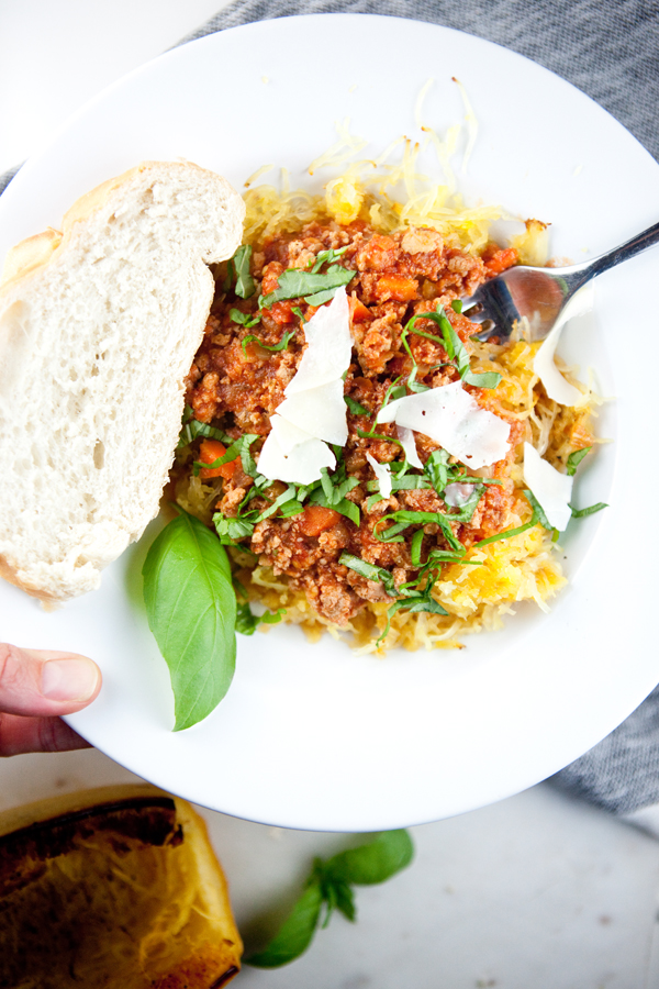 Bowl of turkey bolognese over spaghetti squash