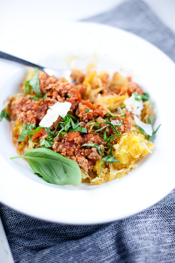 Bowl of turkey bolognese over spaghetti squash