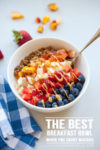 Colorful yogurt bowl topped with fruit with text overlay