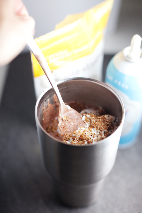 protein shake in a large metal tumbler