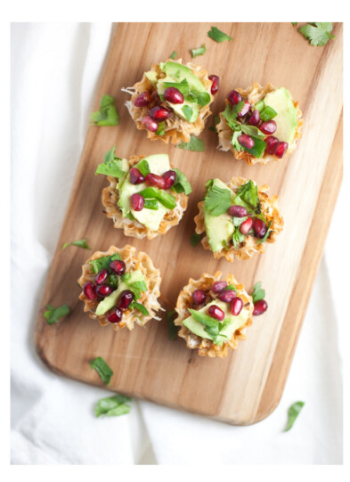 shredded chicken phyllo cups with pomegranate