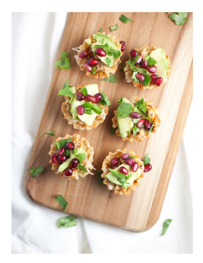 shredded chicken phyllo cups with pomegranate