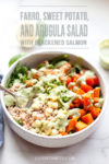 Bowl of grain salad with creamy dressing with text overlay