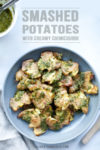 pinnable image of smashed potatoes with chimichurri