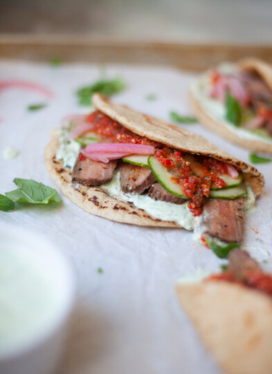 steak pitas with romesco from www.lillieeatsandtells.com