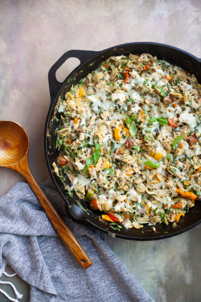 Lillie Eats and Tells Garden Veggie and Herb Orecchiette with rotisserie chicken and fresh hers and vegetables www.lillieeatsandtellscom.bigscoots-staging.com