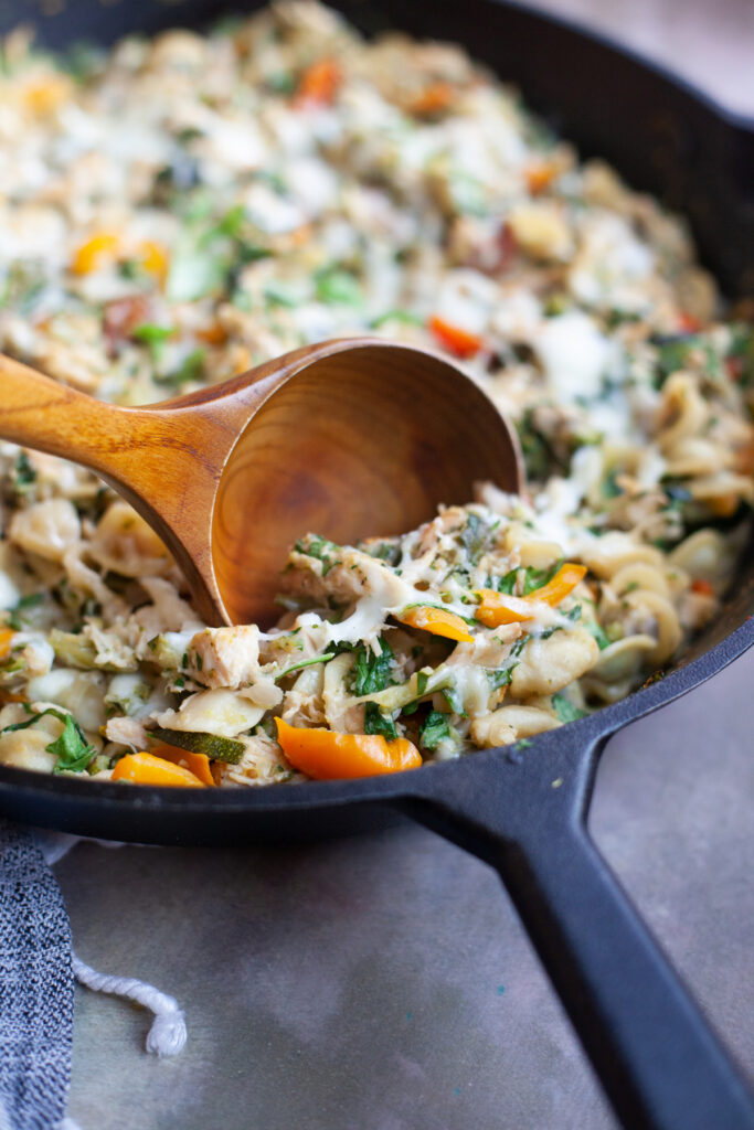 Lillie Eats and Tells Garden Veggie and Herb Orecchiette with rotisserie chicken and fresh hers and vegetables www.lillieeatsandtellscom.bigscoots-staging.com
