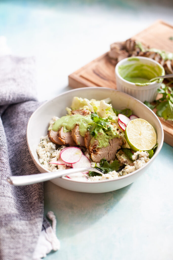Jalapeno Cilantro Pork and Cauliflower Rice Bowl recipe by www.lillieeatsandtellscom.bigscoots-staging.com