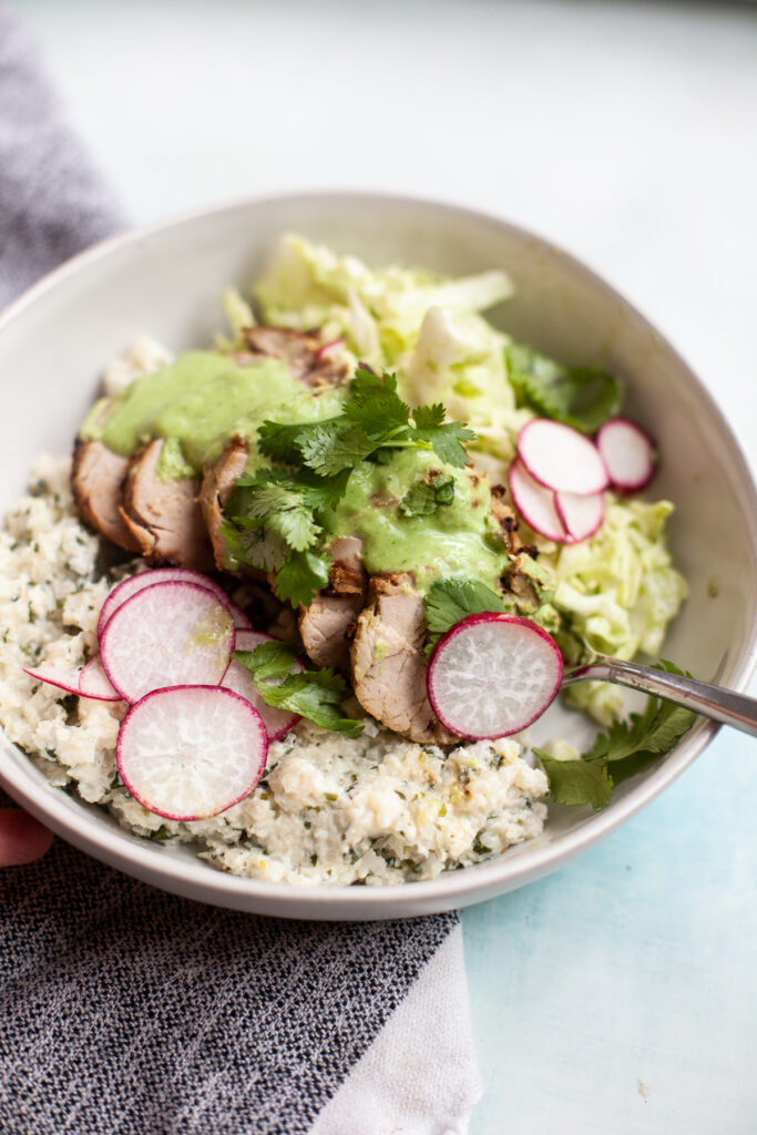 Jalapeno Cilantro Pork and Cauliflower Rice Bowl recipe by www.lillieeatsandtellscom.bigscoots-staging.com