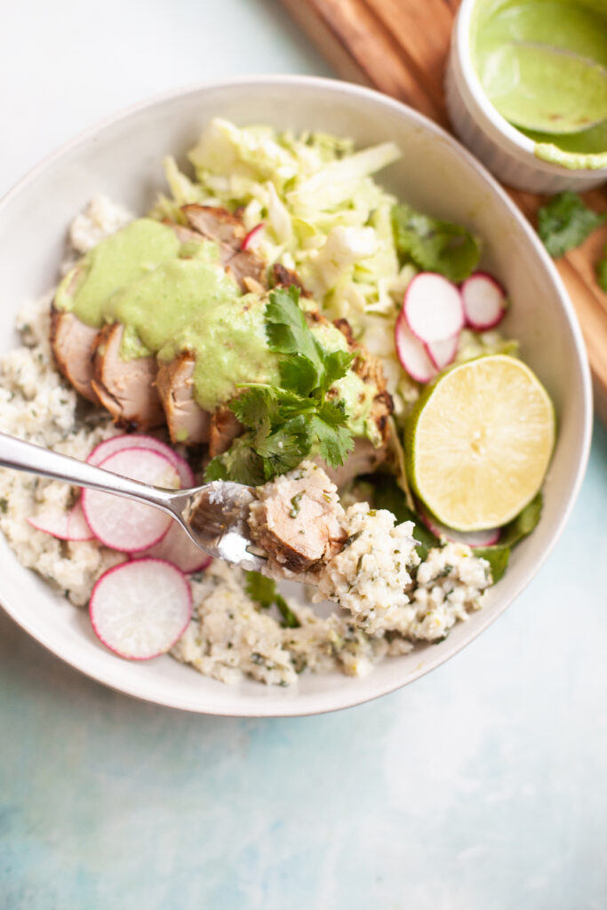 Coconut Cilantro Sticky Cauliflower Rice served with Pineapple Cilantro Pork Tenderloin by www.lillieeatsandtellscom.bigscoots-staging.com