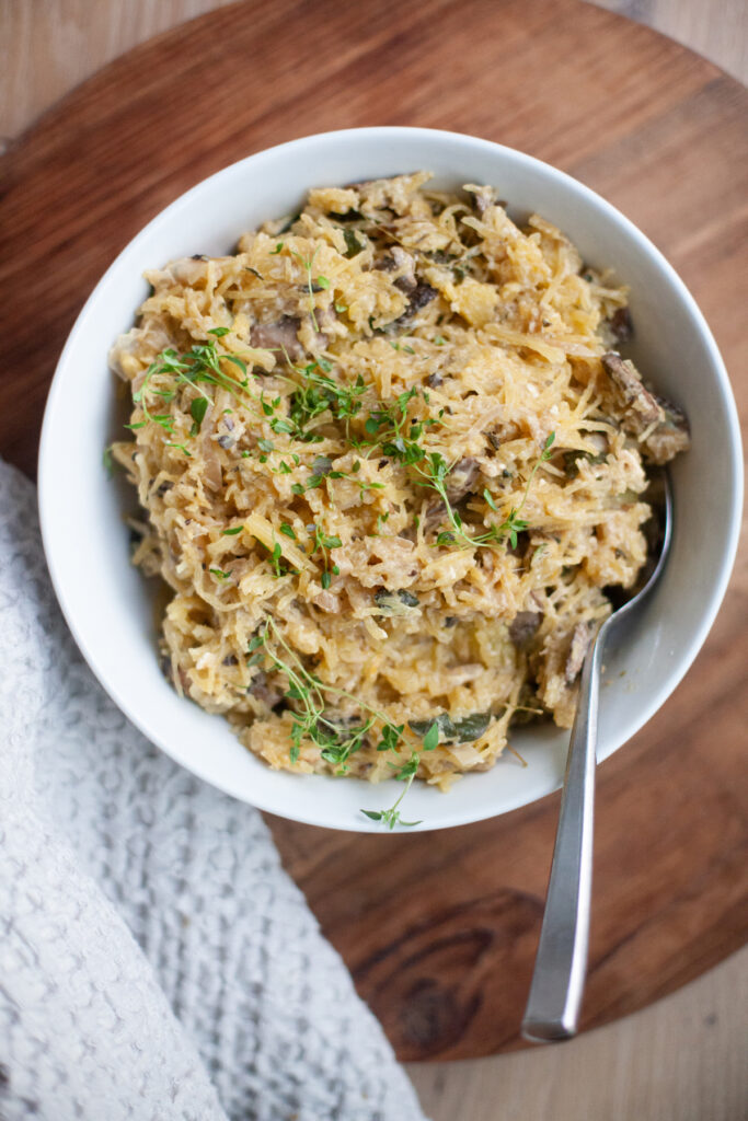 Mushroom and Thyme Baked Feta Spaghetti Squash recipe by www.lillieeatsandtellscom.bigscoots-staging.com