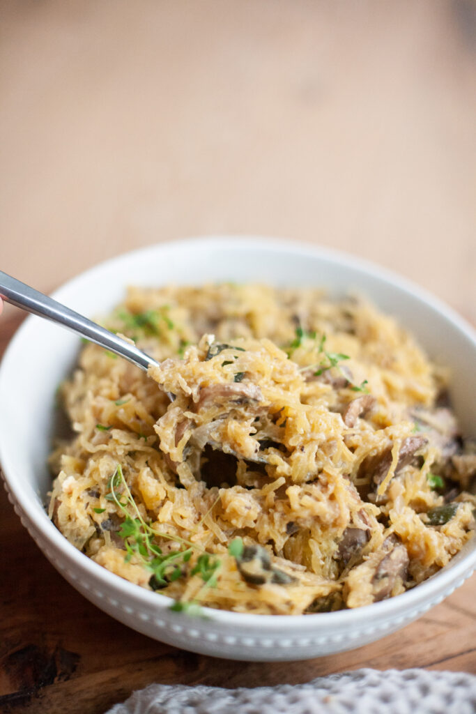 Mushroom and Thyme Baked Feta Spaghetti Squash recipe by www.lillieeatsandtellscom.bigscoots-staging.com