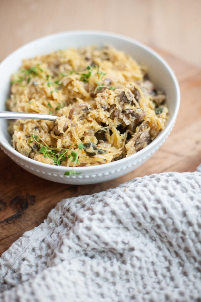 Mushroom and Thyme Baked Feta Spaghetti Squash recipe by www.lillieeatsandtellscom.bigscoots-staging.com