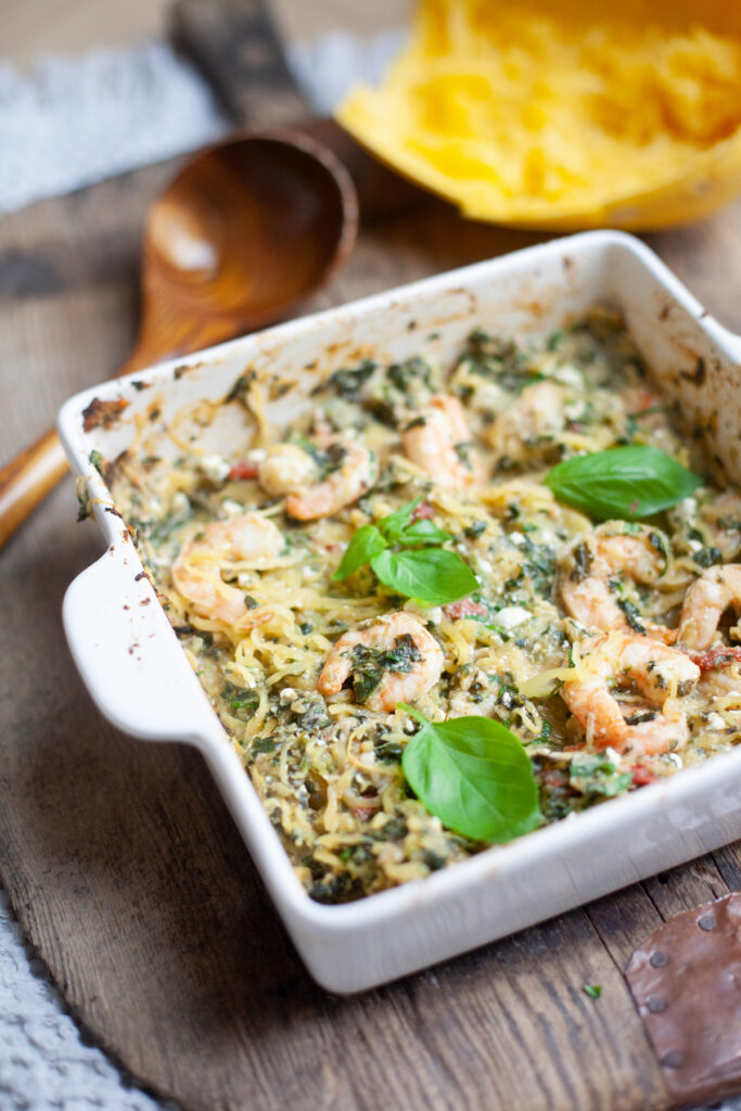Baked Ricotta Spaghetti Squash with Shrimp in a 9x13 dish. Recipe by www.lillieeatsandtellscom.bigscoots-staging.com