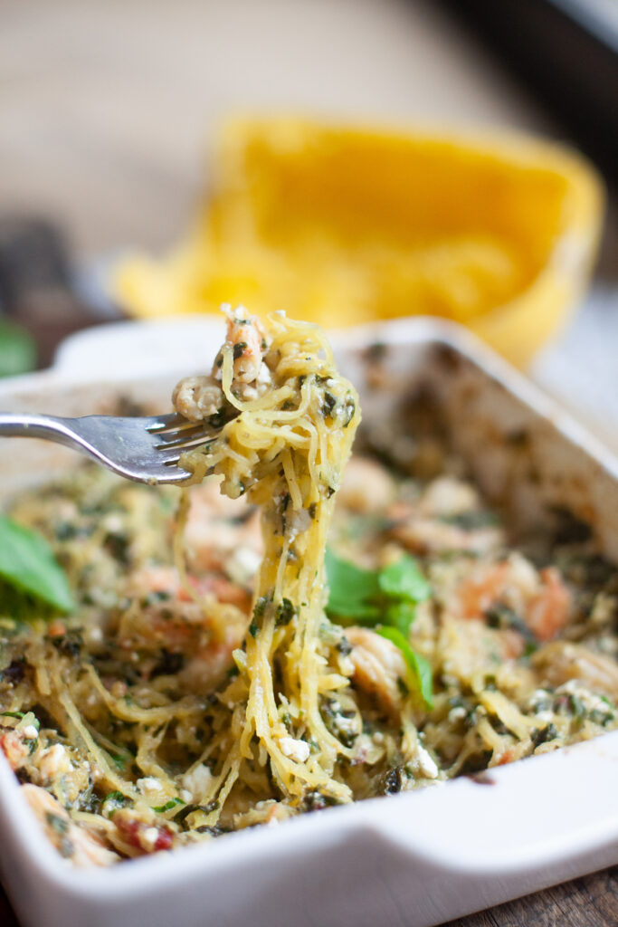Baked Ricotta Spaghetti Squash with Shrimp in a 9x13 dish. Recipe by www.lillieeatsandtellscom.bigscoots-staging.com