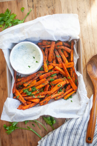 Spicy Carrot Fries with Lemon Cumin Yogurt Sauce by www.lillieeatsandtellscom.bigscoots-staging.com