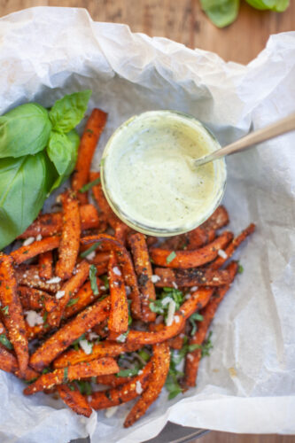 Lillie Eats and Tell's Roasted parmesan carrots with basil yogurt sauce www.lillieeatsandtellscom.bigscoots-staging.com