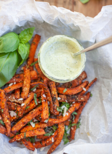 Lillie Eats and Tell's Roasted parmesan carrots with basil yogurt sauce www.lillieeatsandtellscom.bigscoots-staging.com